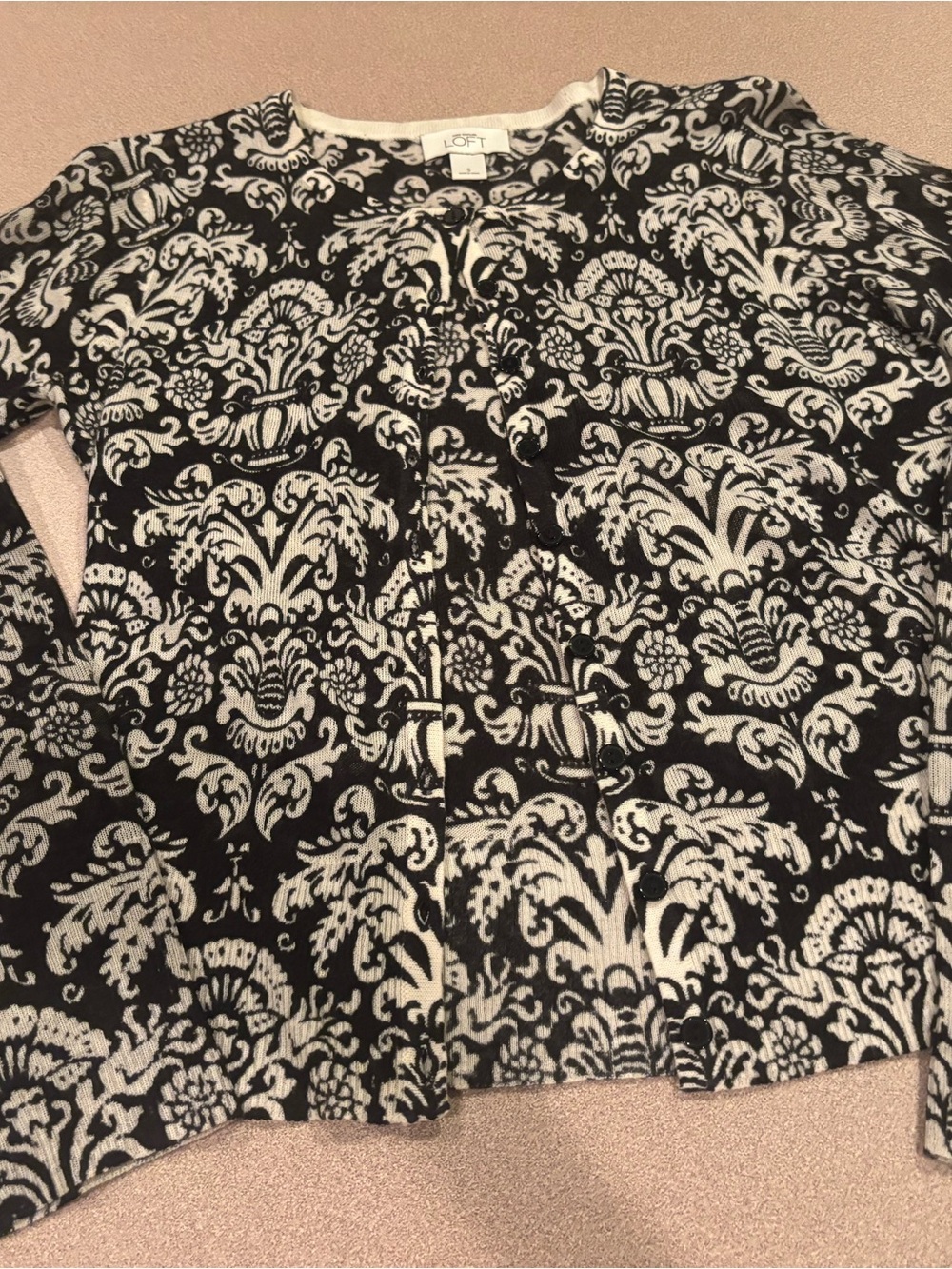 LOFT Black and White Damask Crewneck Cardigan